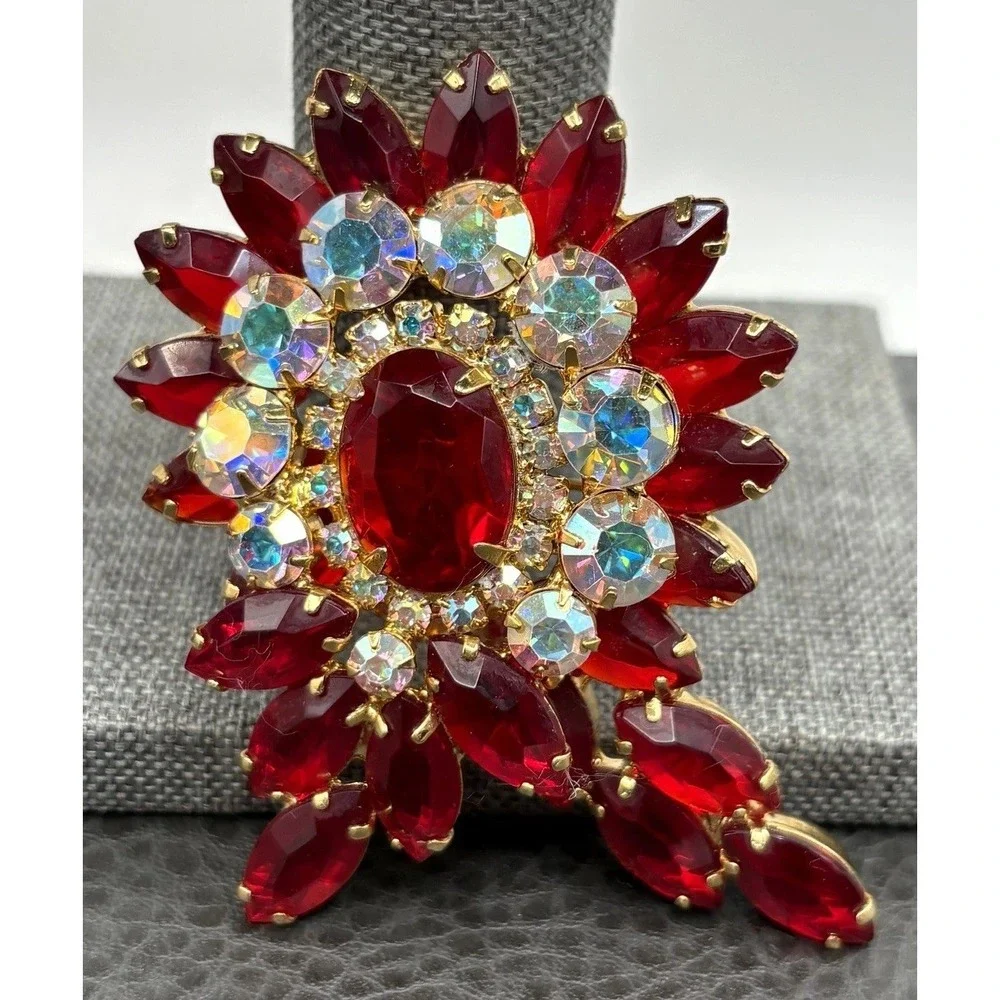 VTG Juliana Red Rhinestone Flower Brooch Aurora Borealis Crystal Gold Tone